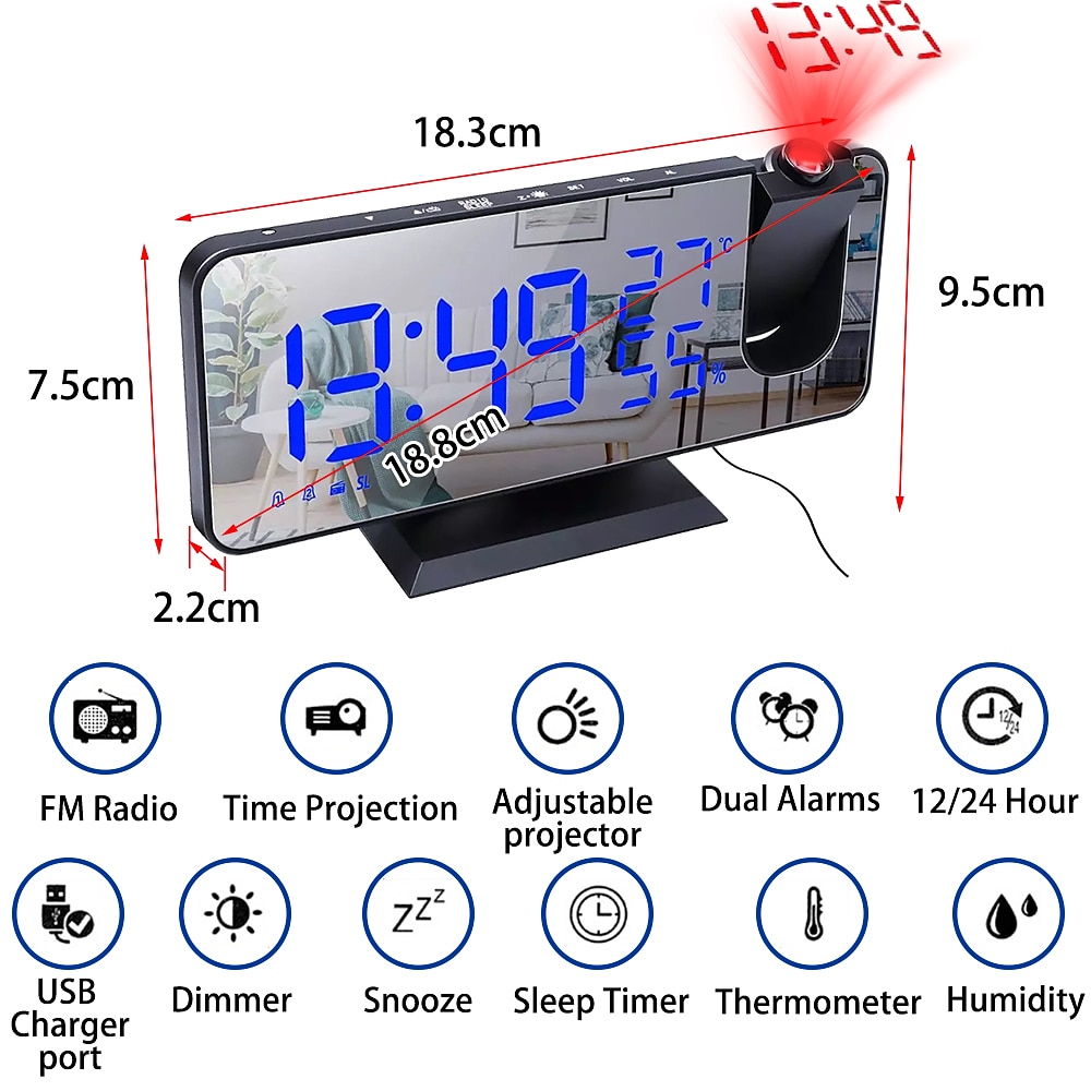LED Digital Projection Alarm Clock Electronic Alarm Clock with Projection FM Radio Time Projector Bedroom Bedside Mute Clock 2025 - $44.99 –P6