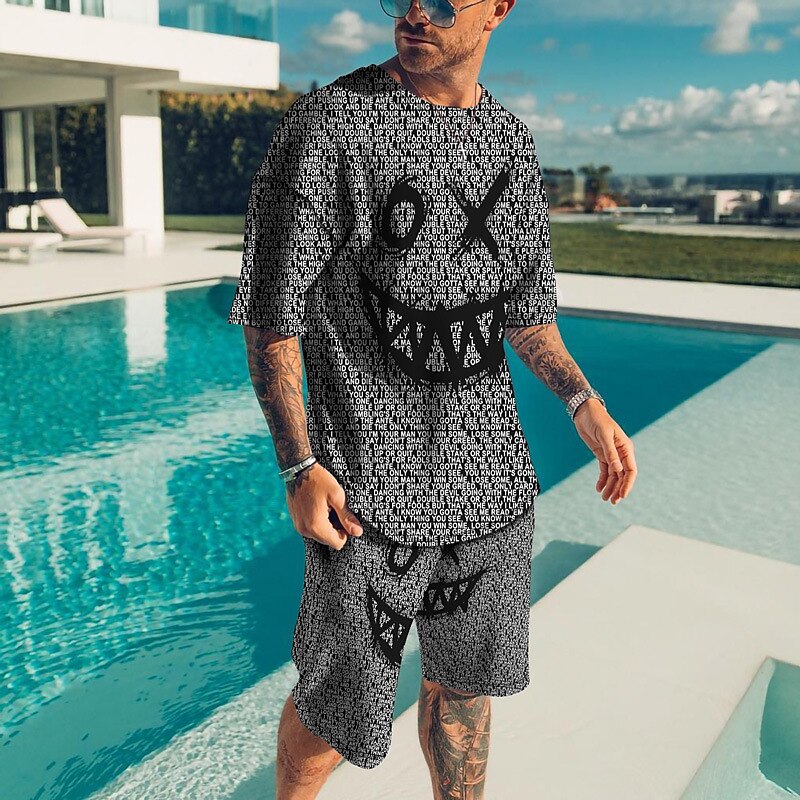 Herr Grafisk Grimas 2st T-shirts uppsättningar Matchande set Kortärmad Korta byxor Rund hals Designer Ledigt Bekväm Utomhus Semester Dagligen 3D-utskrift Vår & sommar Ljusgul Mörkgul Svart och Röd 2025 - $30.99 –P8