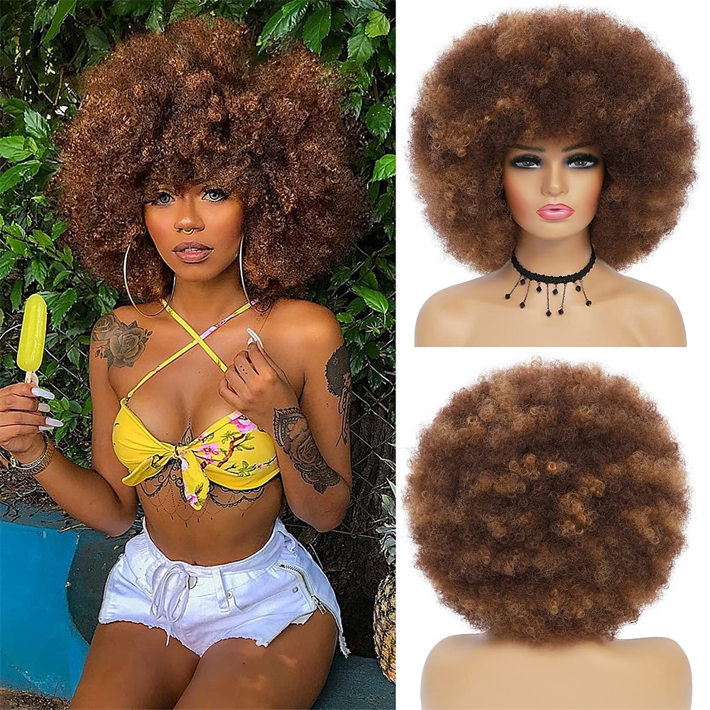 Parrucche afro anni '70 per donne nere - grande parrucca afro puff con frangia capelli sintetici ricci crespi corti per le donne del 2025 a $27.99 –P15
