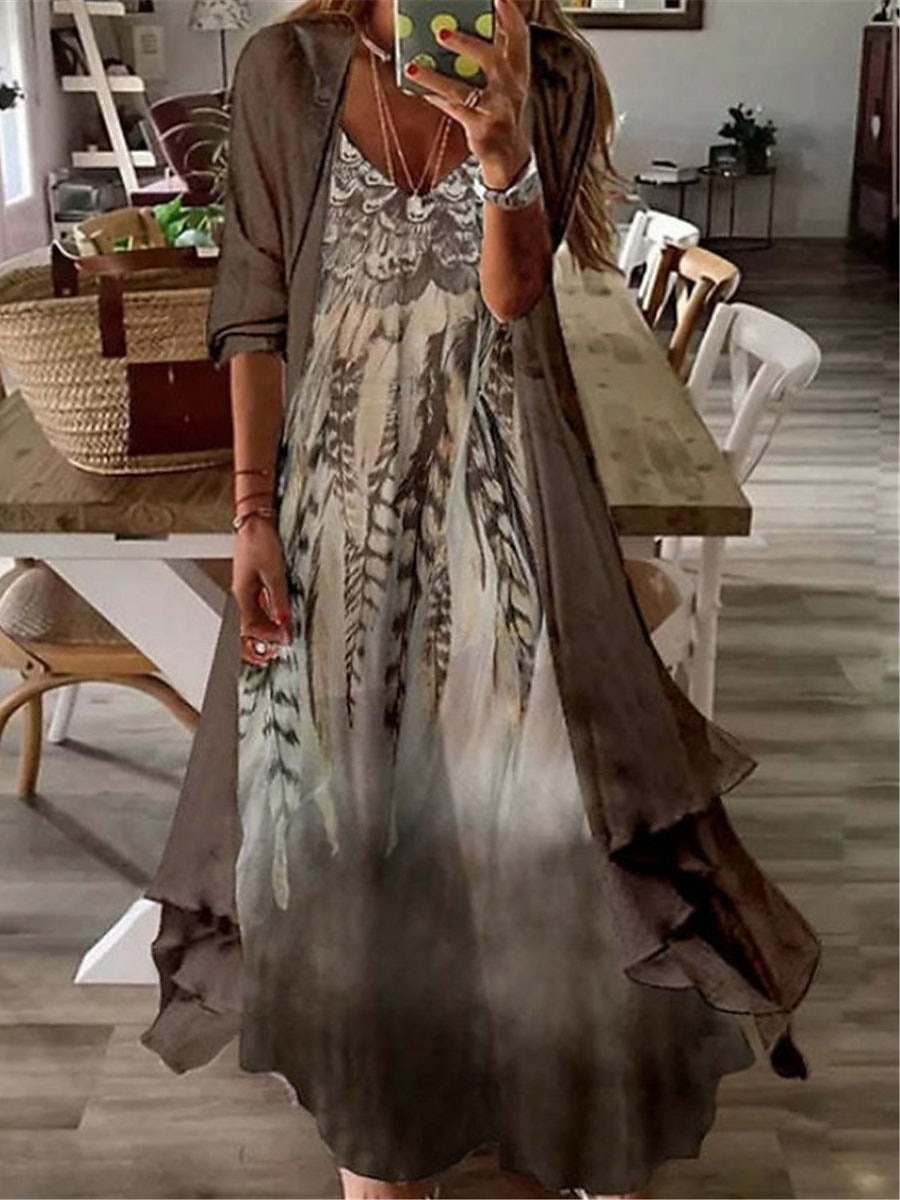 Damen kleid lang Casual kleid Kleid-Set Zweiteiliges Kleid Etuikleid Modisch Outdoor Täglich Ausgehen Lockere Passform Farbverlauf Stammes Blume Langarm V Ausschnitt Rosa Braun Grün Aprikose Sommer 2025 - $46.99 –P2