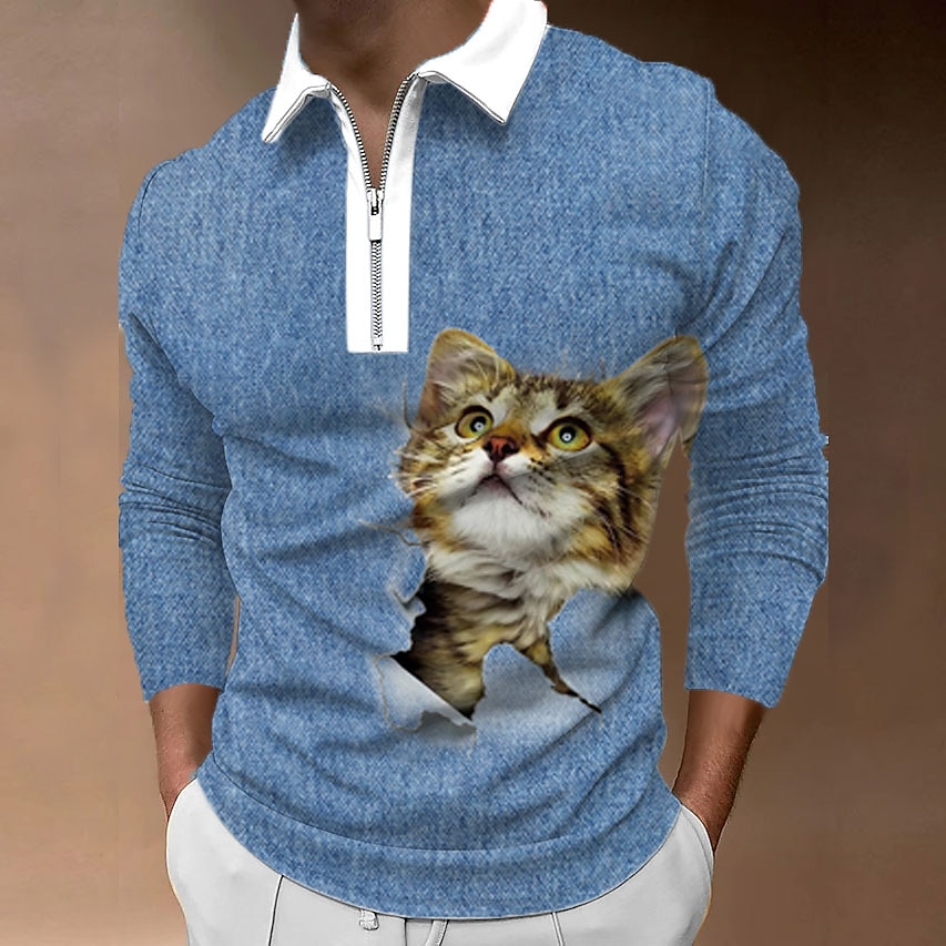 Herren Katze Poloshirts mit Reißverschluss Golfshirt Langarm Polo-Shirts Hemden mit Kragen Lässig Lustig Streetwear Urlaubskleidung Party-Outfits 3D-Druck Viertelreißverschluss-Poloshirt Schwarz 2026 - $25.99 –P7