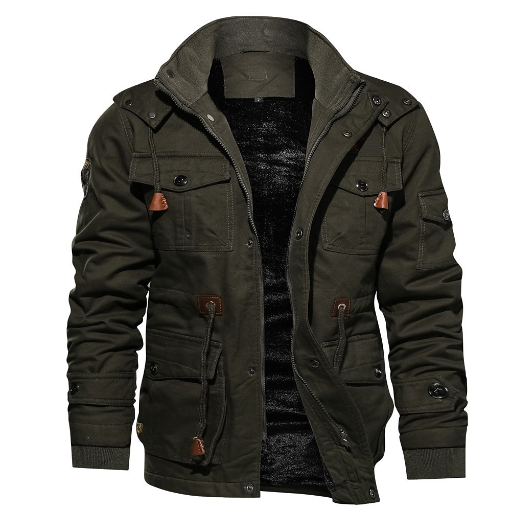 Men's Bomber Jacket Winter Jacket Winter Regular Solid Colored Drawstring Basic Daily Fleece Lining Warm Army Green Khaki Black 2023 - US $44.99 –P1