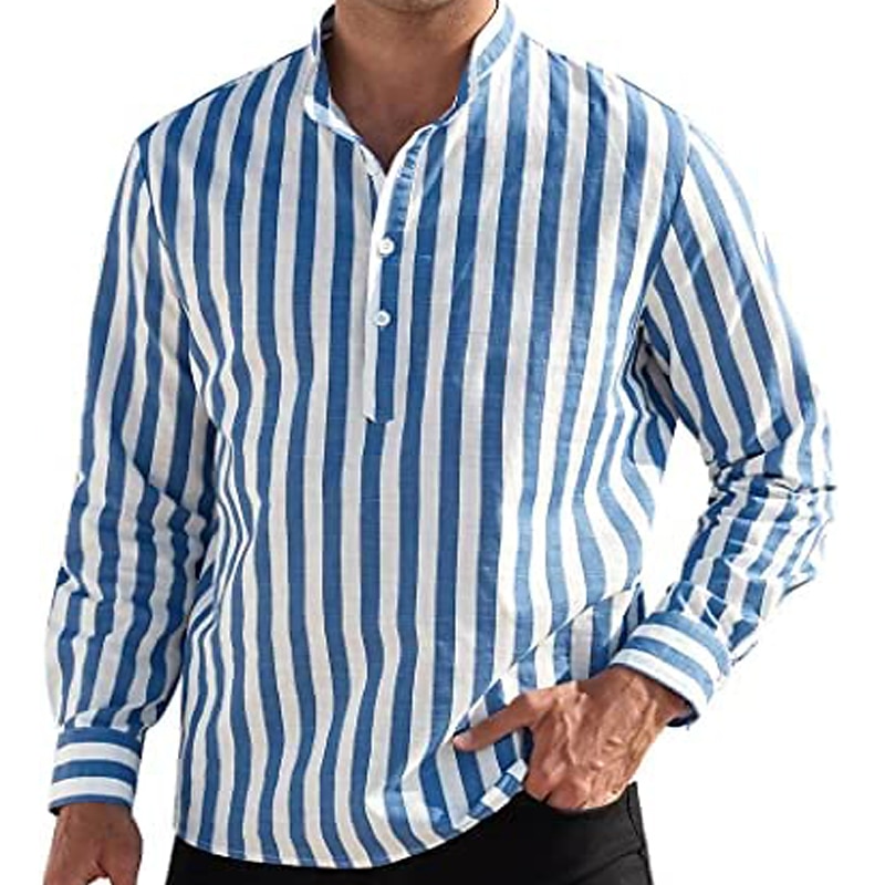 Herren Hemd Hemd mit chinesischem Kragen Hemd mit Stehkragen Popover-Hemd Sommerhemd Freizeithemd Schwarzgrau Blau Staubiges Blau Grün Langarm Gestreift Schwarz & Weiß Kragen Lässig Täglich 2025 - $21.99 –P9