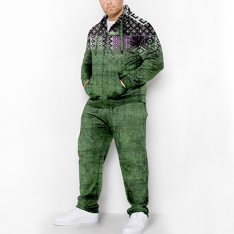 Herr Grafisk Bohemisk 2st 3D-tröja set Träningsoverall Zip Up hoodies Långärmad Långa byxor Huva Mode Designer Ledigt Dagligen Sport Utekväll 3D-utskrift Vår & Höst Blå Grön Kaffe 2025 - $56.99 –P2
