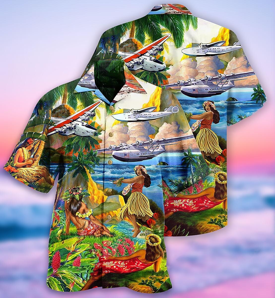 Herren Flugzeug Hula-Mädchen Hemd Sommer Hawaiihemd Alohahemd Kurzarm Hemd Umlegekragen Tropisch Mode Hawaiianisch Lässig Hawaiianisch Ferien Blau S M L 2025 - $24.99 –P2