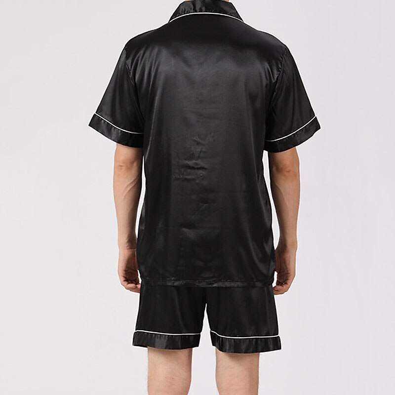 Men's Sleepwear Pajama Set Silk Pajama Pajama Top and Shorts 1 set Plain Fashion Comfort Home Bed Faux Silk Comfort Lapel Short Sleeve Shorts Button Spring Summer Black Blue 2025 - $24.99 –P7