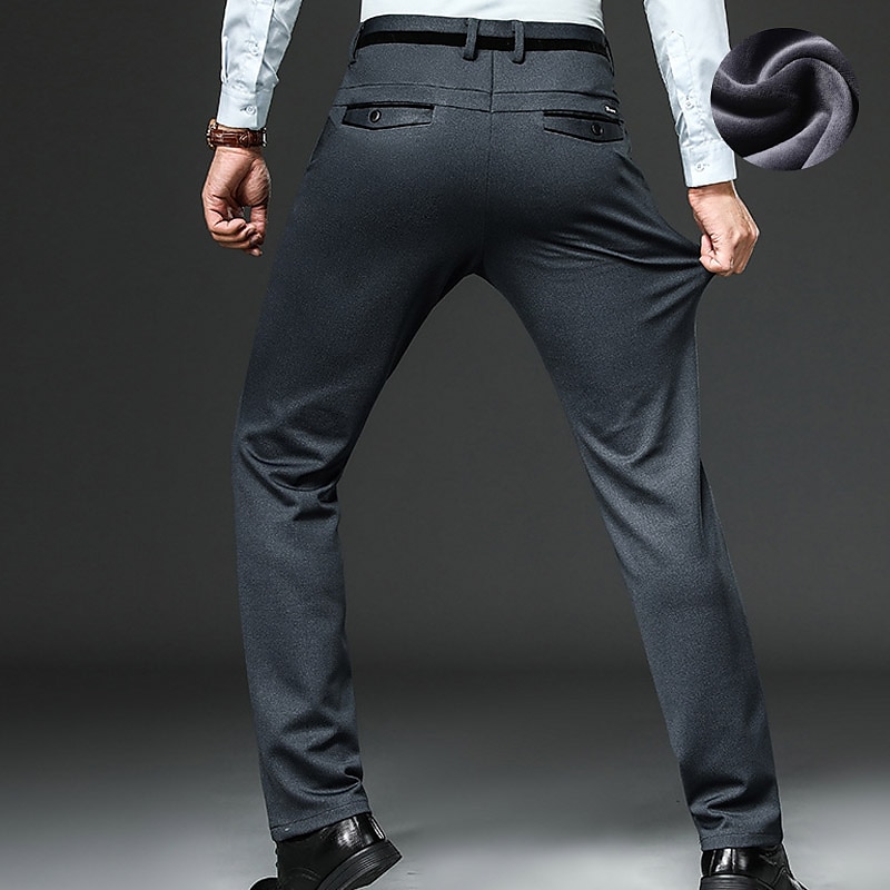 Men's Dress Pants Fleece Pants Winter Pants Trousers Pocket Straight Leg Plain Wedding Office Work Chic & Modern Formal Black Navy Blue High Waist Micro-elastic 2023 - AED 155 –P4