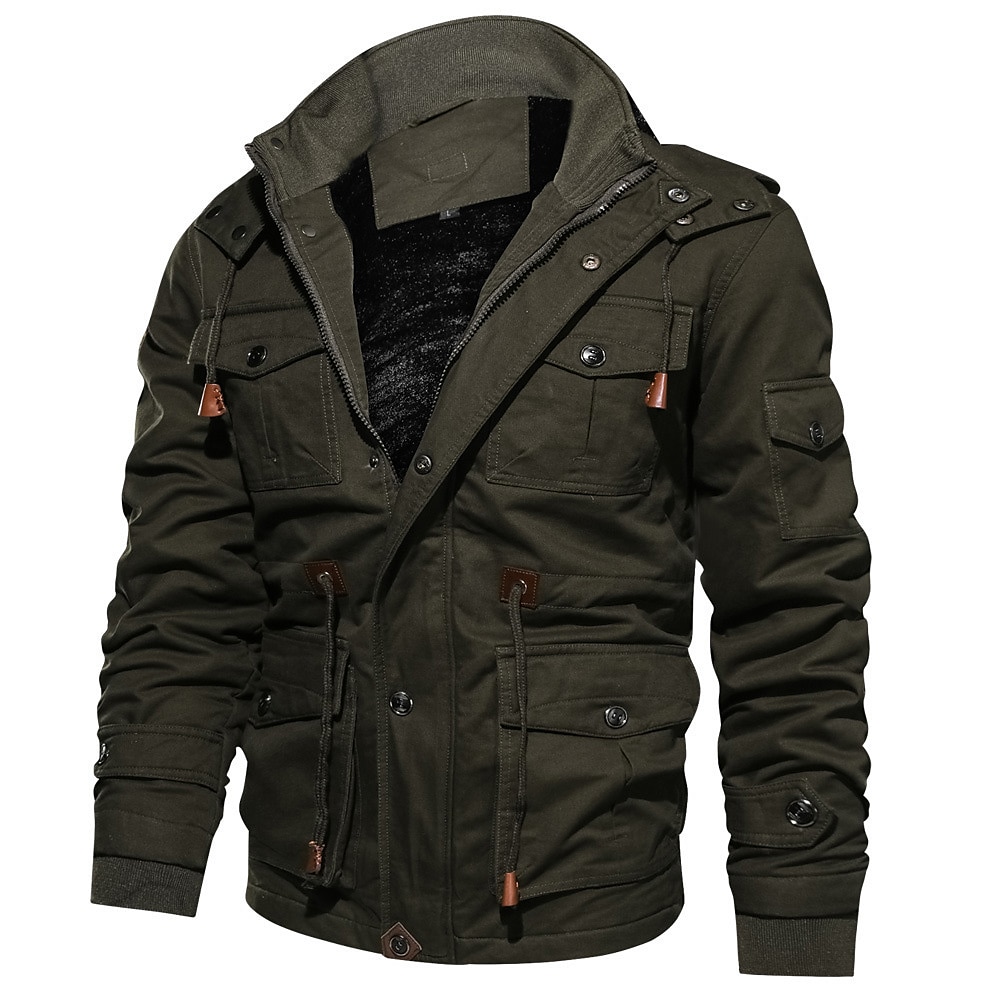 Men's Bomber Jacket Winter Jacket Winter Regular Solid Colored Drawstring Basic Daily Fleece Lining Warm Army Green Khaki Black 2023 - US $44.99 –P8