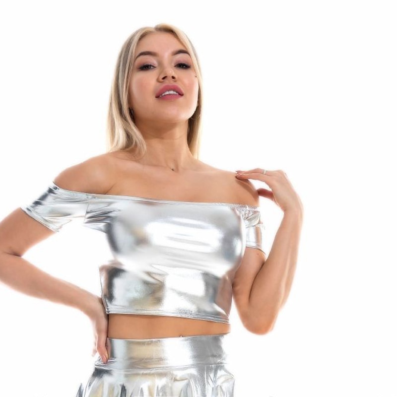 Metallic 1980s Shiny Latex Patent Crop Top PU Leather Off Shoulder Women's Carnival Costume Masquerade Party Bachelorette Party Pride Parade Adults' Top 2025 - $18.49 –P17