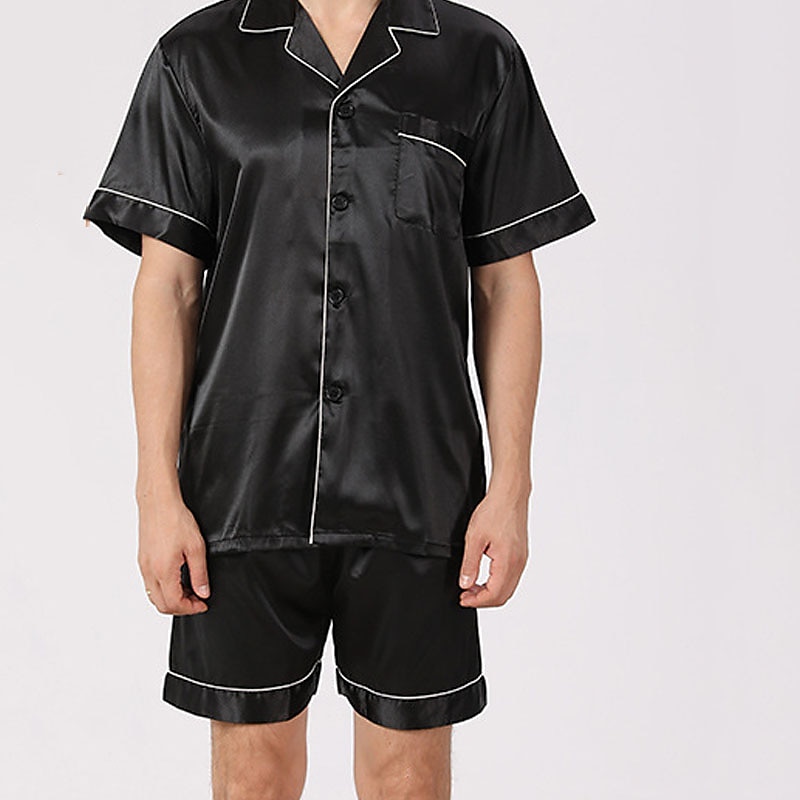 Men's Sleepwear Pajama Set Silk Pajama Pajama Top and Shorts 1 set Plain Fashion Comfort Home Bed Faux Silk Comfort Lapel Short Sleeve Shorts Button Spring Summer Black Blue 2025 - $24.99 –P5