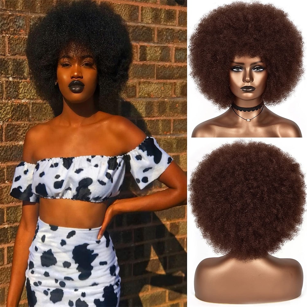 Parrucche afro anni '70 per donne nere - grande parrucca afro puff con frangia capelli sintetici ricci crespi corti per le donne del 2025 a $27.99 –P11