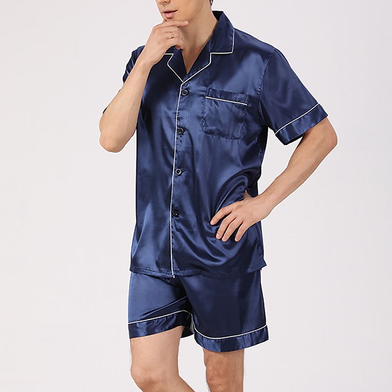 Men's Sleepwear Pajama Set Silk Pajama Pajama Top and Shorts 1 set Plain Fashion Comfort Home Bed Faux Silk Comfort Lapel Short Sleeve Shorts Button Spring Summer Black Blue 2025 - $24.99 –P3