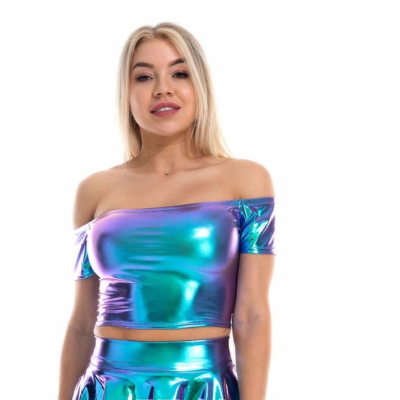 Metallic 1980s Shiny Latex Patent Crop Top PU Leather Off Shoulder Women's Carnival Costume Masquerade Party Bachelorette Party Pride Parade Adults' Top 2025 - $18.49 –P12