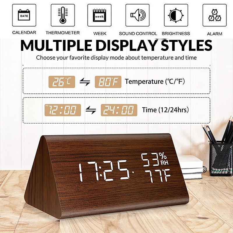 Wooden Digital Alarm Clock with Wooden Electronic LED Time Display 3 Alarm Settings Humidity Temperature Detect Wood Made Electric Clocks for Bedroom 2025 - $28.99 –P2