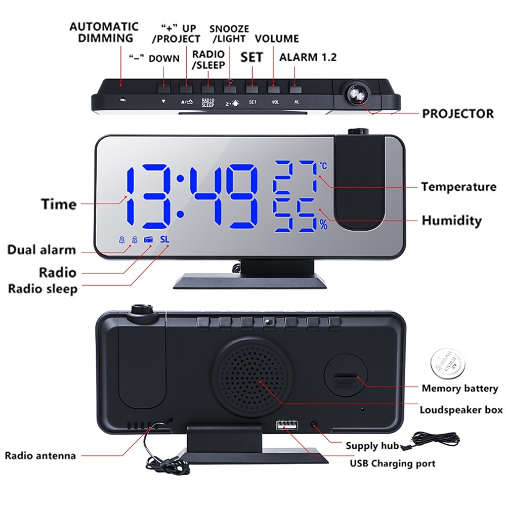 LED Digital Projection Alarm Clock Electronic Alarm Clock with Projection FM Radio Time Projector Bedroom Bedside Mute Clock 2025 - $44.99 –P7