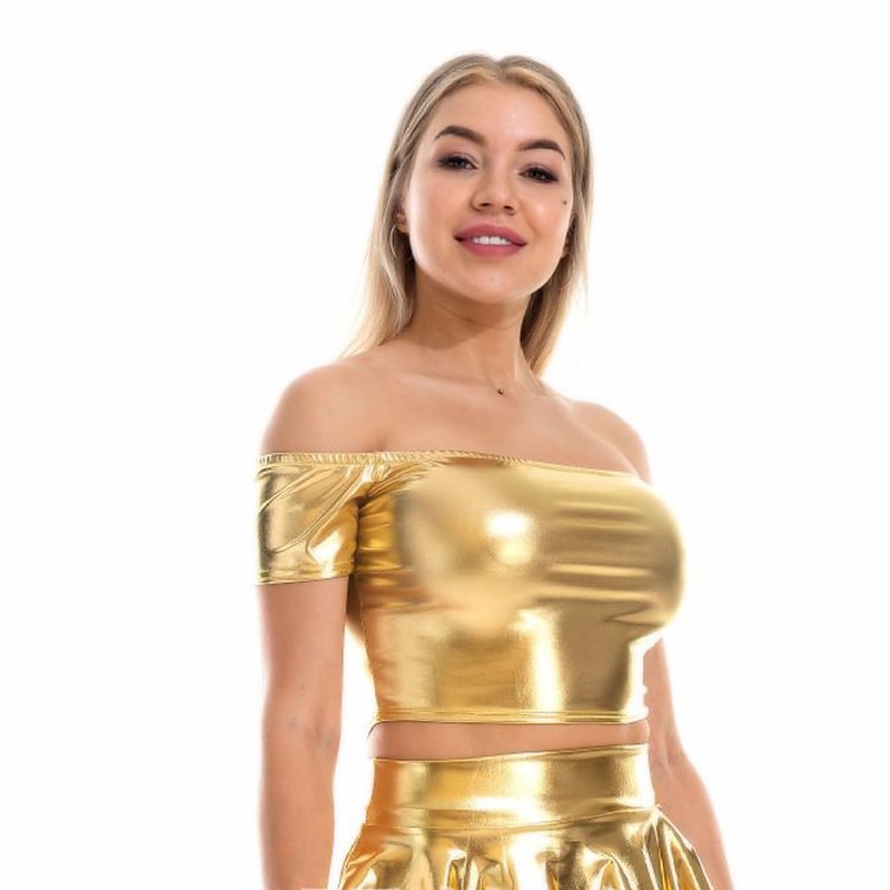 Metallic 1980s Shiny Latex Patent Crop Top PU Leather Off Shoulder Women's Carnival Costume Masquerade Party Bachelorette Party Pride Parade Adults' Top 2025 - $18.49 –P19