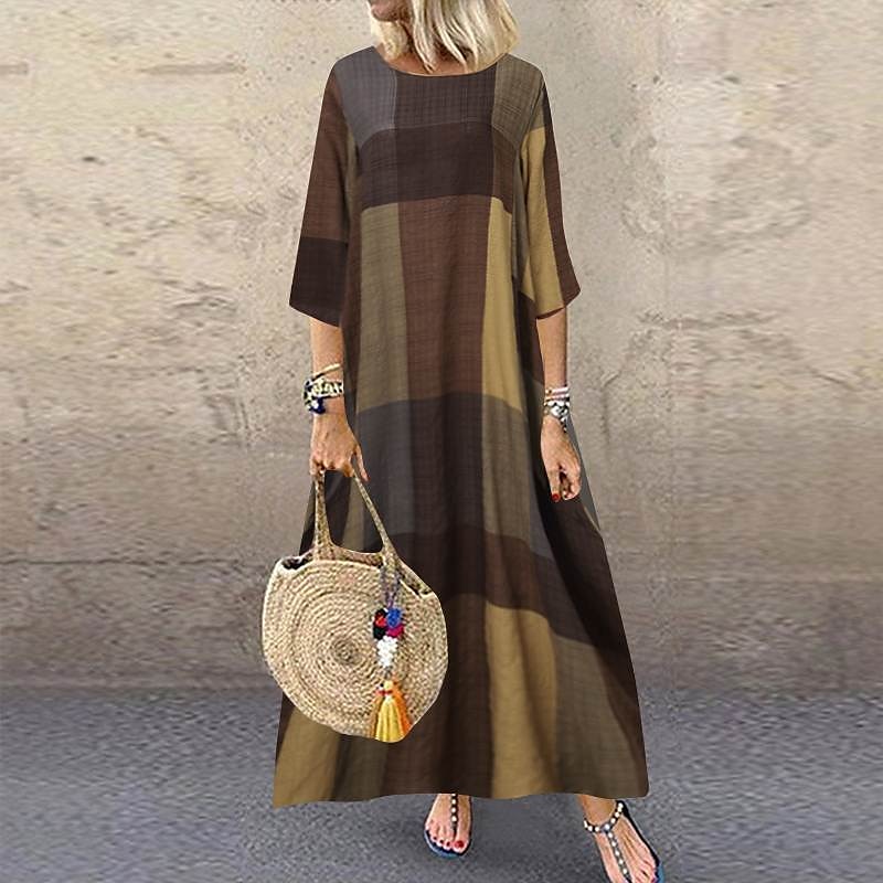 Femmes Rouge Kaki Bleu de minuit Été Printemps Robe maxi Robes inspirées du lin Robe Décontractée Mode Occasionnel Extérieur Quotidien Sortir Coupe Ample Plaid Col ras du cou Col Bateau de 2025 ? $32.99 –P2