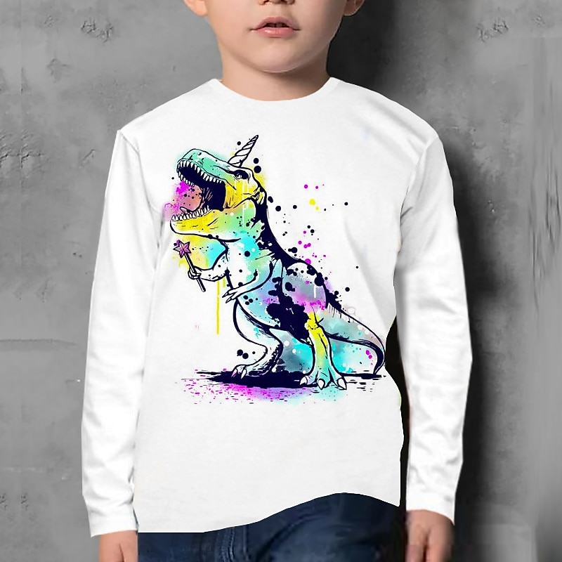 Lapset Poikien T-paita Tee Eläin Dinosaurus Pitkähihainen Crewneck Lasten toppi Kausaliteetti 3D-tulostus Tyylikäs Päivittäin Syksy Talvi Valkoinen 7-13 vuotta 2025 - $13.99 –P1