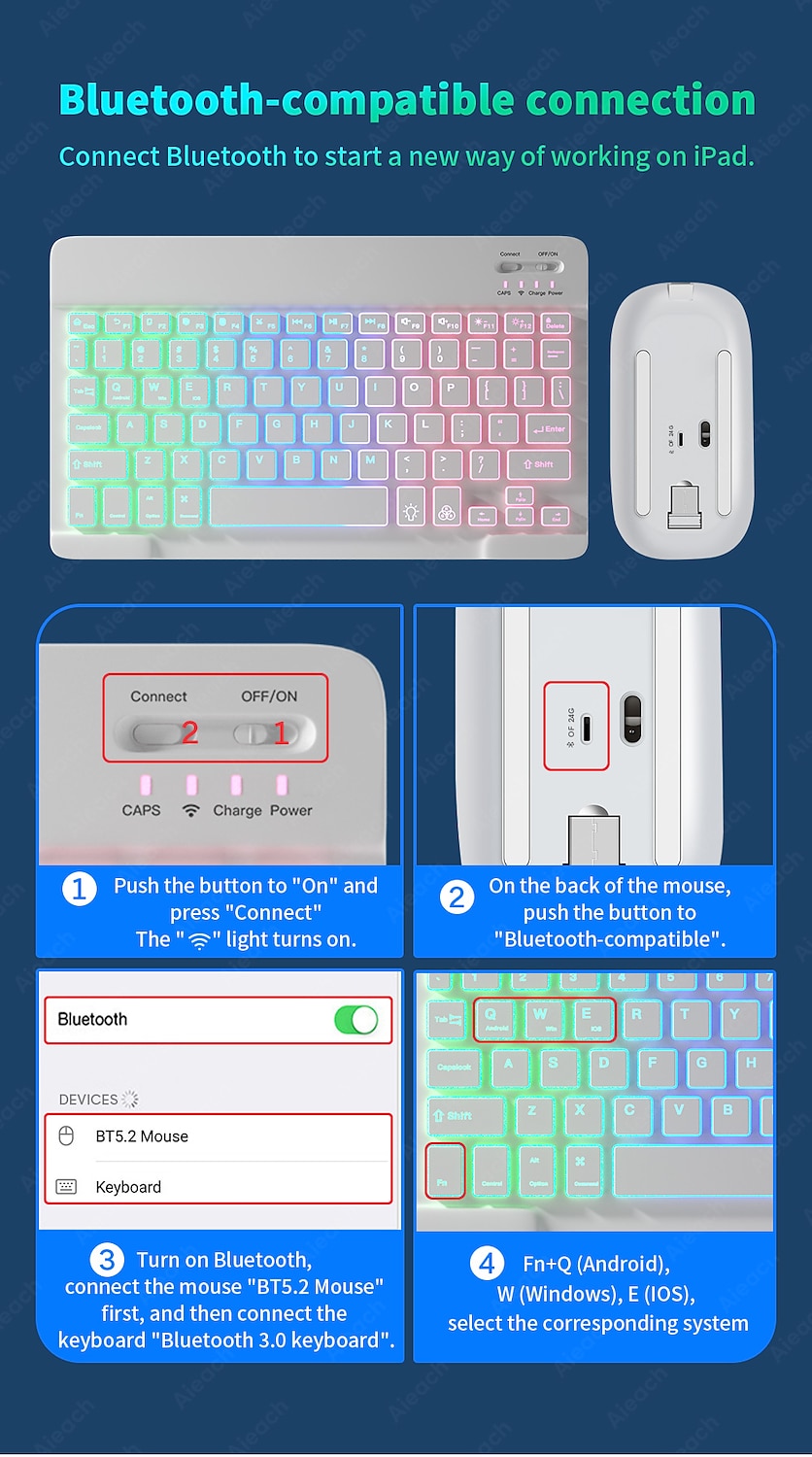 Keyboard For Tablet Android iOS Windows Wireless Mouse Bluetooth Rainbow  Backlit