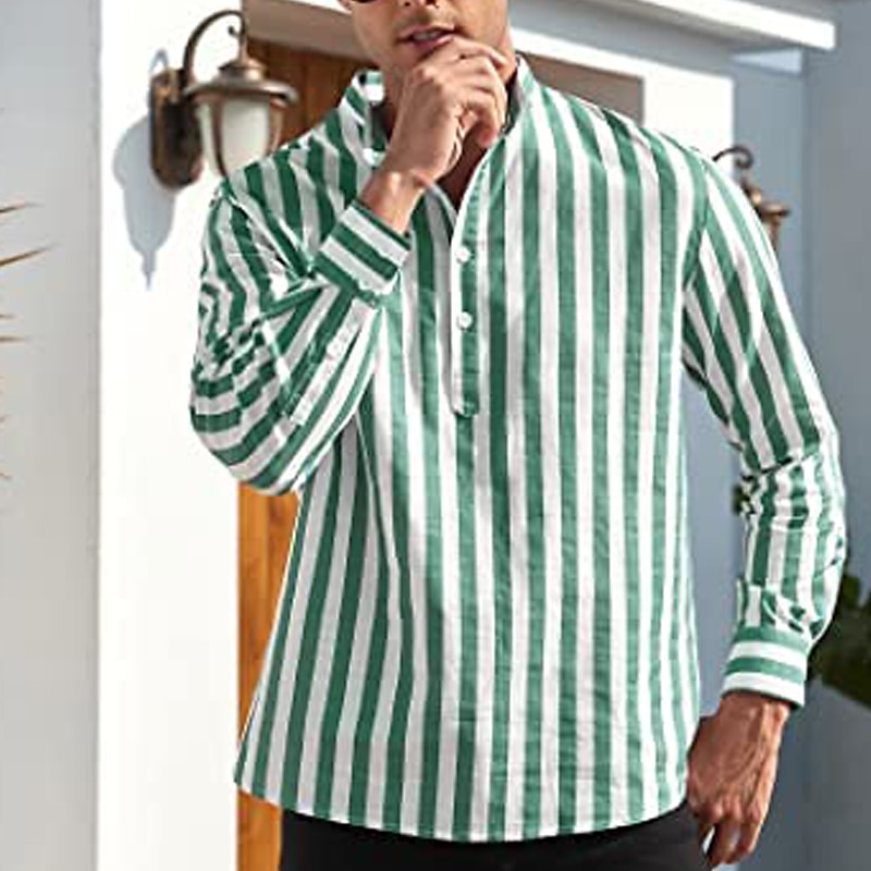 Herren Hemd Hemd mit chinesischem Kragen Hemd mit Stehkragen Popover-Hemd Sommerhemd Freizeithemd Schwarzgrau Blau Staubiges Blau Grün Langarm Gestreift Schwarz & Weiß Kragen Lässig Täglich 2025 - $21.99 –P7