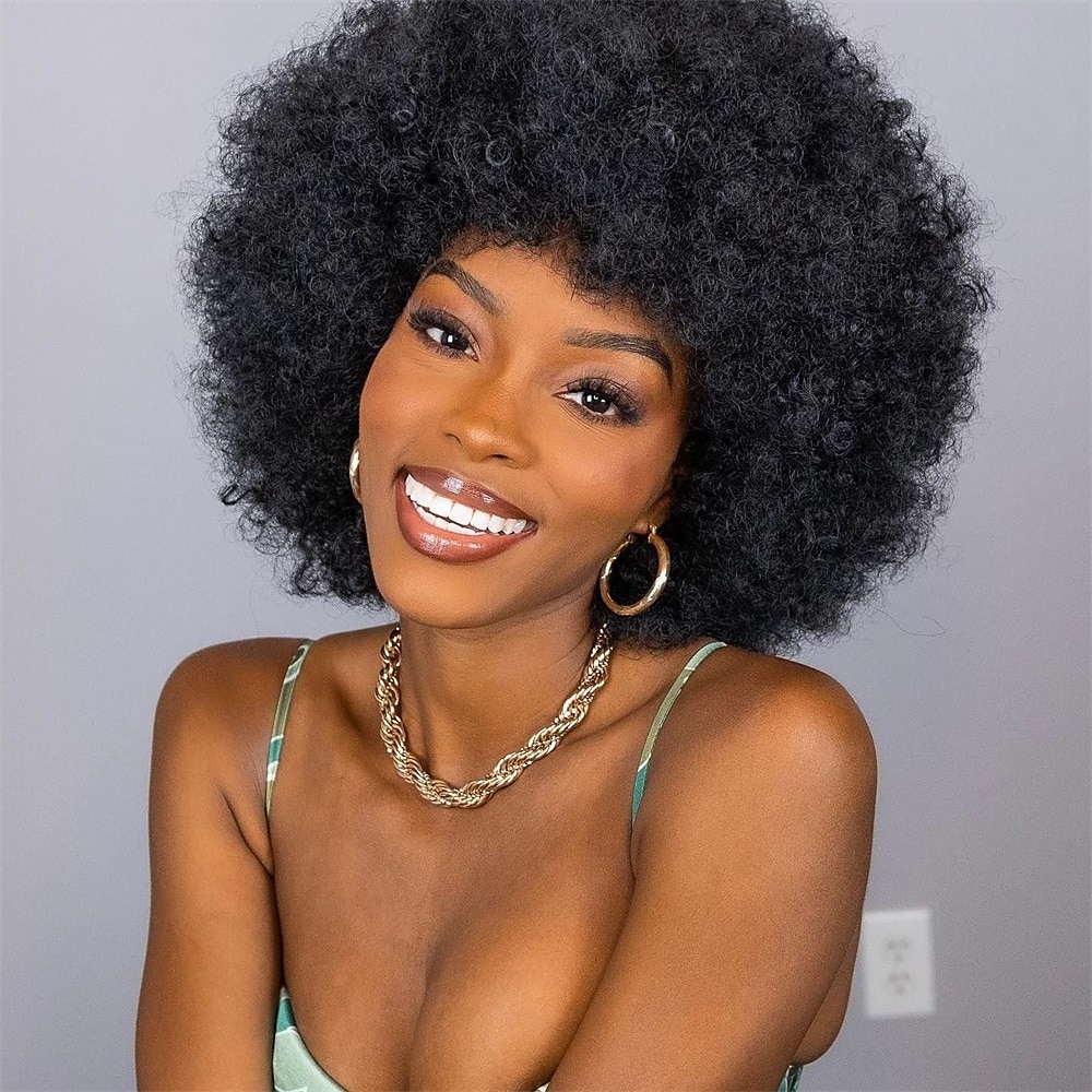 Parrucche afro anni '70 per donne nere - grande parrucca afro puff con frangia capelli sintetici ricci crespi corti per le donne del 2025 a $27.99 –P10