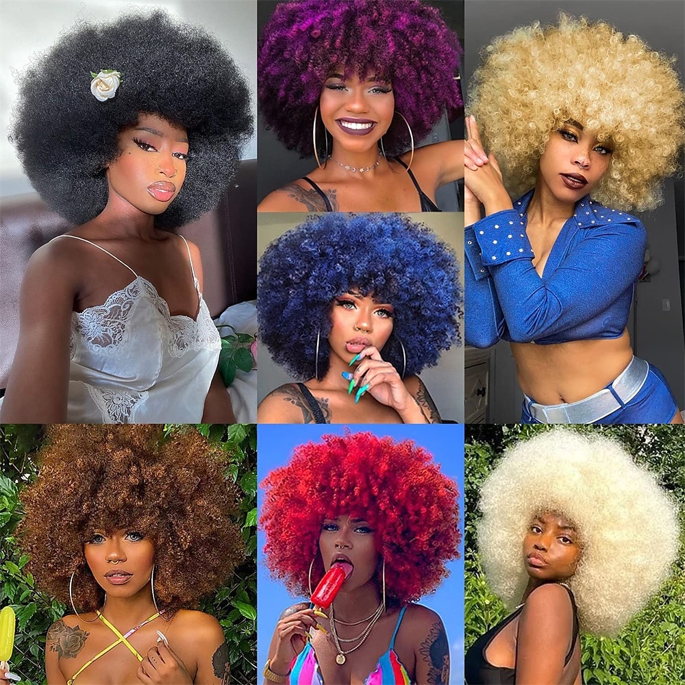 Parrucche afro anni '70 per donne nere - grande parrucca afro puff con frangia capelli sintetici ricci crespi corti per le donne del 2025 a $27.99 –P6