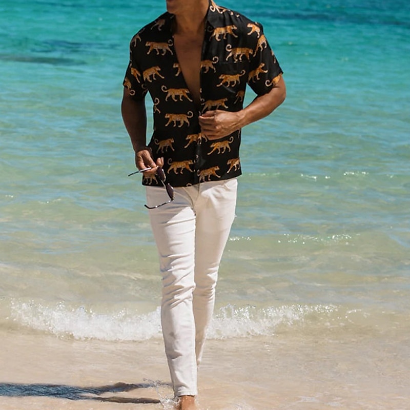Herren Tier Leopard Hemd Hawaiihemd Sommerhemd Aloha-Shirt Kurze Ärmel Hemd Umlegekragen Tropisch Modisch Hawaiianisch Outdoor Strasse Hawaiianisch Schwarz Braun Grün S M L 2025 - $24.99 –P2
