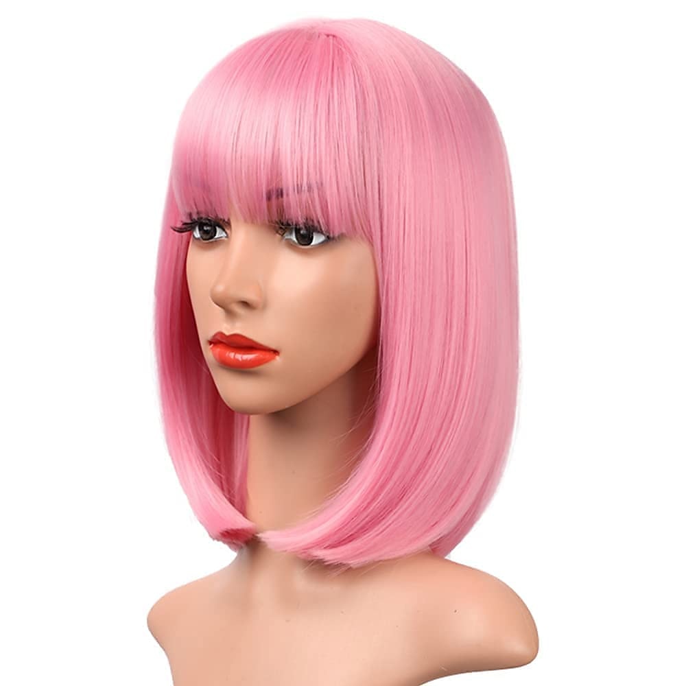 rosa bob parykker med smell 12 tommer korte rett bob parykker fargerik syntetisk cosplay daglig fest parykk for kvinner 2025 - $22.99 –P4