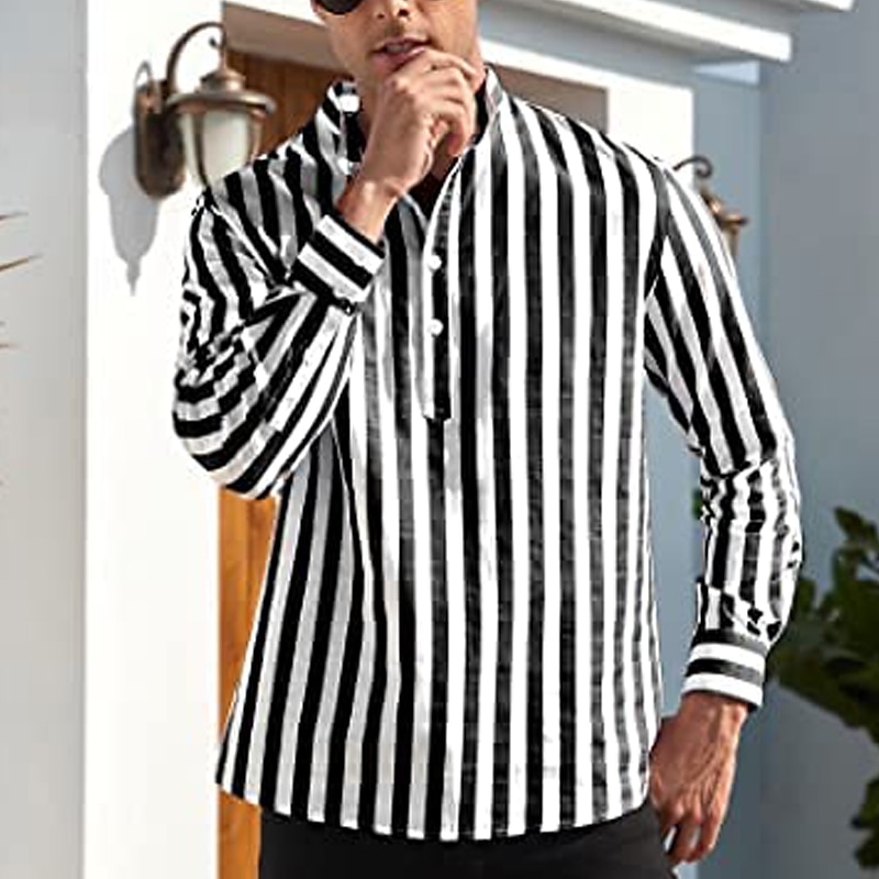 Herren Hemd Hemd mit chinesischem Kragen Hemd mit Stehkragen Popover-Hemd Sommerhemd Freizeithemd Schwarzgrau Blau Staubiges Blau Grün Langarm Gestreift Schwarz & Weiß Kragen Lässig Täglich 2025 - $21.99 –P15