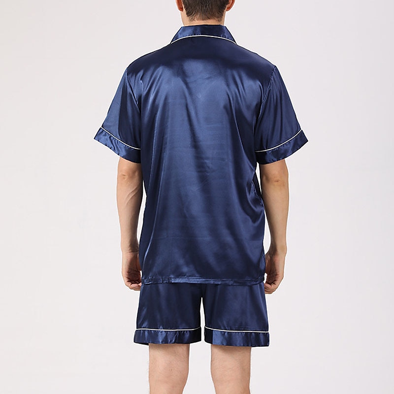 Men's Sleepwear Pajama Set Silk Pajama Pajama Top and Shorts 1 set Plain Fashion Comfort Home Bed Faux Silk Comfort Lapel Short Sleeve Shorts Button Spring Summer Black Blue 2025 - $24.99 –P4