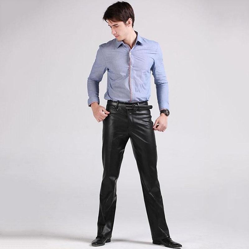 Men's Dress Pants Winter Pants Trousers Faux Leather Shorts Pocket Straight Leg Solid Colored Comfort Warm Wedding Office Business Faux Leather Streetwear Casual Black Micro-elastic 2026 - $71.99 –P8
