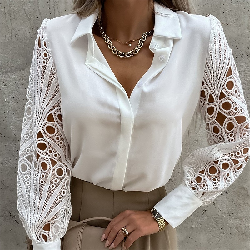 Mulheres Camisa Social Camisa de renda Blusa Topo de ilhó Cor Sólida / Simples Elegante Moda Diário Colarinho de Camisa Escritório Rua Para Noite Patchwork Buraco Preto Branco Primavera & Outono de 2025 por $29.99 –P7