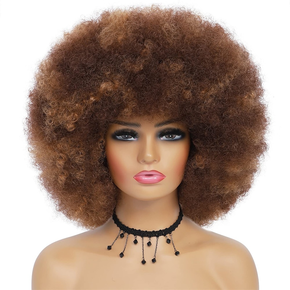 Parrucche afro anni '70 per donne nere - grande parrucca afro puff con frangia capelli sintetici ricci crespi corti per le donne del 2025 a $27.99 –P16