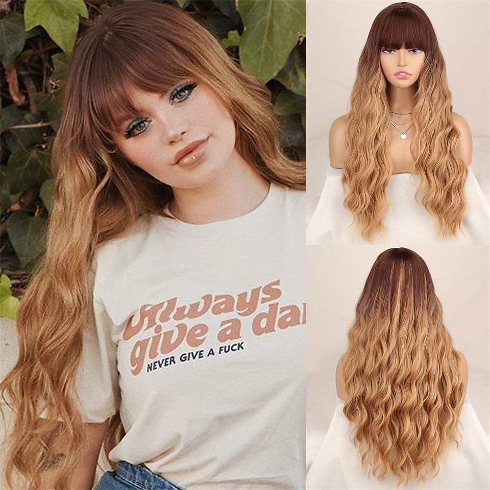 lang oransje parykk med pannelugg bølget krøllet ingefær bangs parykk syntetisk kvinner oransje lang parykk naturlig leter etter daglig og halloween fest 2025 - $29.99 –P3