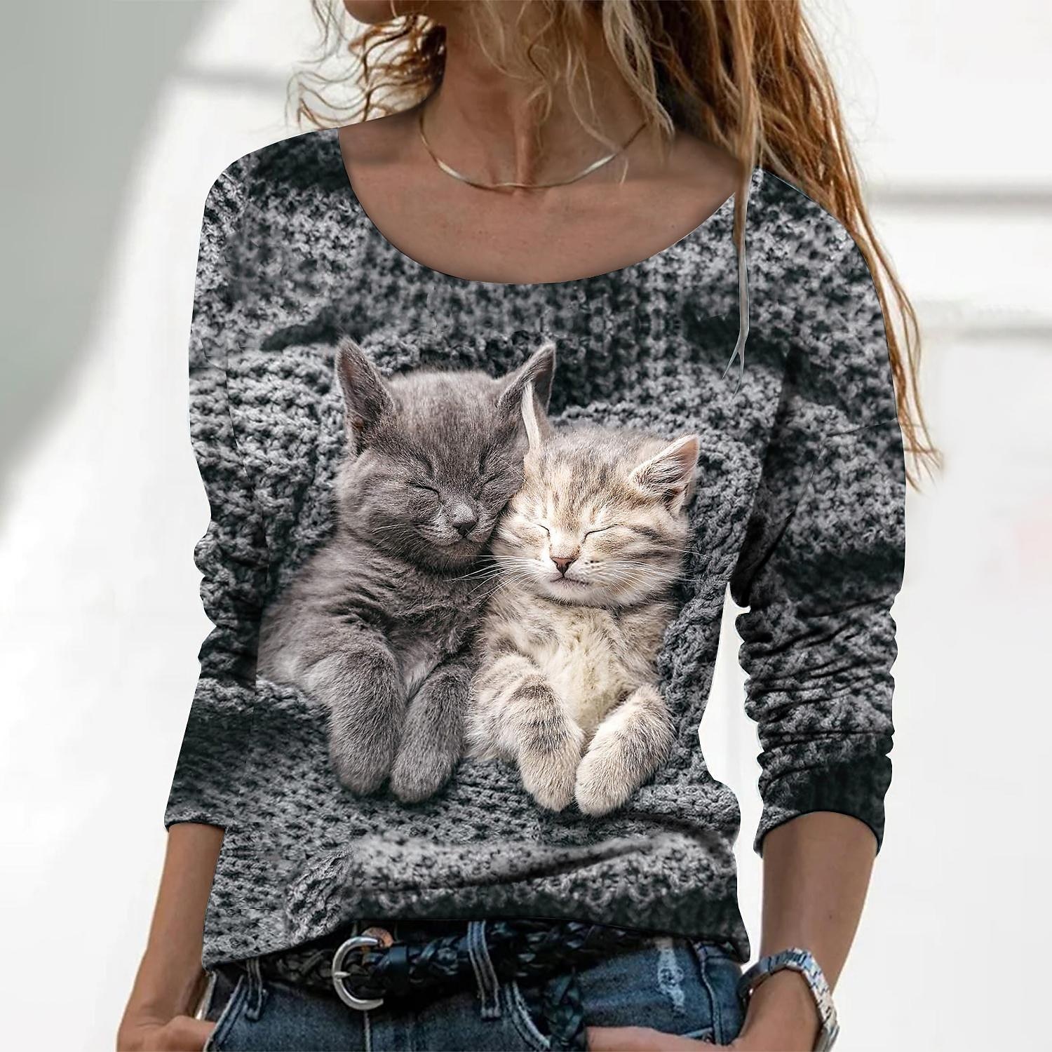 tricou dama imprimeu pisica de baza maneca lunga topuri obisnuite gat rotund weekend zilnic gri inchis toamna & iarnă 2025 - $27.99 –P1