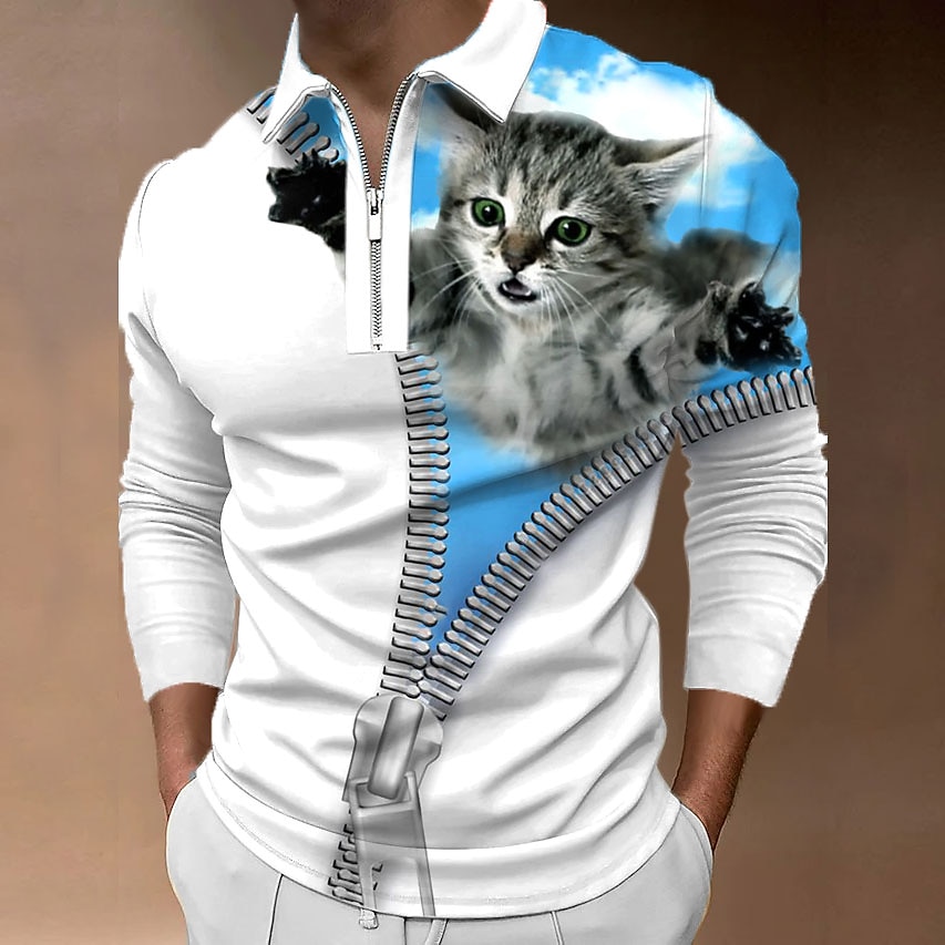 Herren Katze Poloshirts mit Reißverschluss Golfshirt Langarm Polo-Shirts Hemden mit Kragen Lässig Lustig Streetwear Urlaubskleidung Party-Outfits 3D-Druck Viertelreißverschluss-Poloshirt Schwarz 2026 - $25.99 –P6