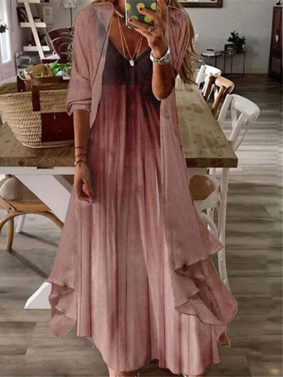 Damen kleid lang Casual kleid Kleid-Set Zweiteiliges Kleid Etuikleid Modisch Outdoor Täglich Ausgehen Lockere Passform Farbverlauf Stammes Blume Langarm V Ausschnitt Rosa Braun Grün Aprikose Sommer 2025 - $46.99 –P3