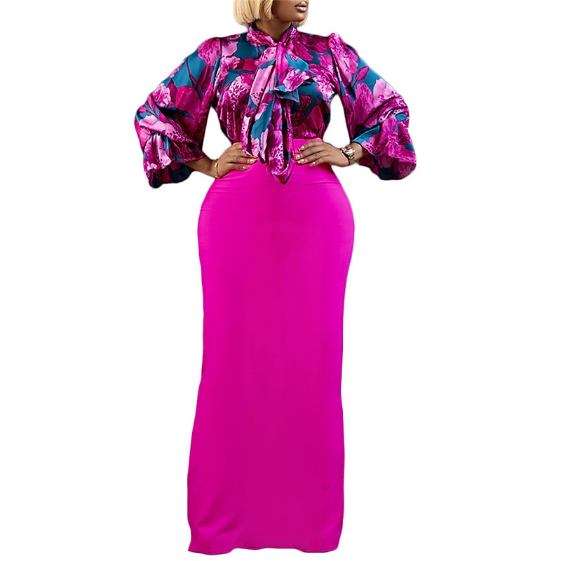 Women's Party Dress Work Dress Two Piece Dress Long Dress Maxi Dress Pink Blue Fuchsia Long Sleeve Floral Lace up Spring Fall Winter Stand Collar Fashion 2023 S M L XL 2XL 3XL 2023 - AED 166 –P5