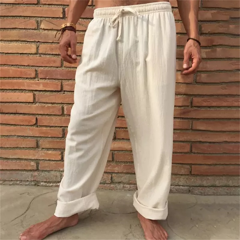 Herr Linne Byxor Långbyxor Sommarbyxor Strandbyxor Snörning Elastisk midja Rakt ben Slät Komfort Utomhus Ledigt Dagligen Streetwear Stylish Brun Kaki 2025 - $22.99 –P2