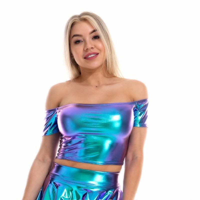 Metallic 1980s Shiny Latex Patent Crop Top PU Leather Off Shoulder Women's Carnival Costume Masquerade Party Bachelorette Party Pride Parade Adults' Top 2025 - $18.49 –P10