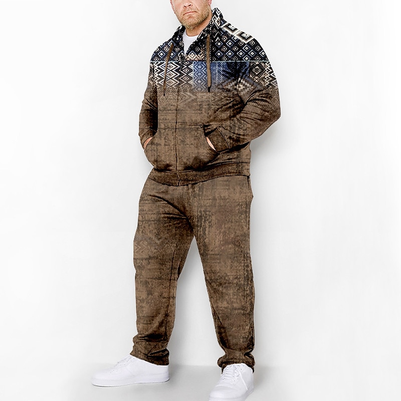 Herr Grafisk Bohemisk 2st 3D-tröja set Träningsoverall Zip Up hoodies Långärmad Långa byxor Huva Mode Designer Ledigt Dagligen Sport Utekväll 3D-utskrift Vår & Höst Blå Grön Kaffe 2025 - $56.99 –P1