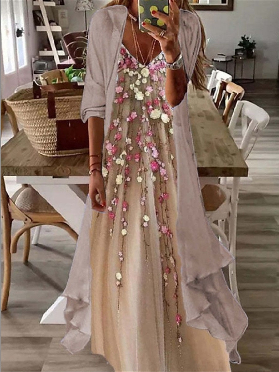 Damen kleid lang Casual kleid Kleid-Set Zweiteiliges Kleid Etuikleid Modisch Outdoor Täglich Ausgehen Lockere Passform Farbverlauf Stammes Blume Langarm V Ausschnitt Rosa Braun Grün Aprikose Sommer 2025 - $46.99 –P4