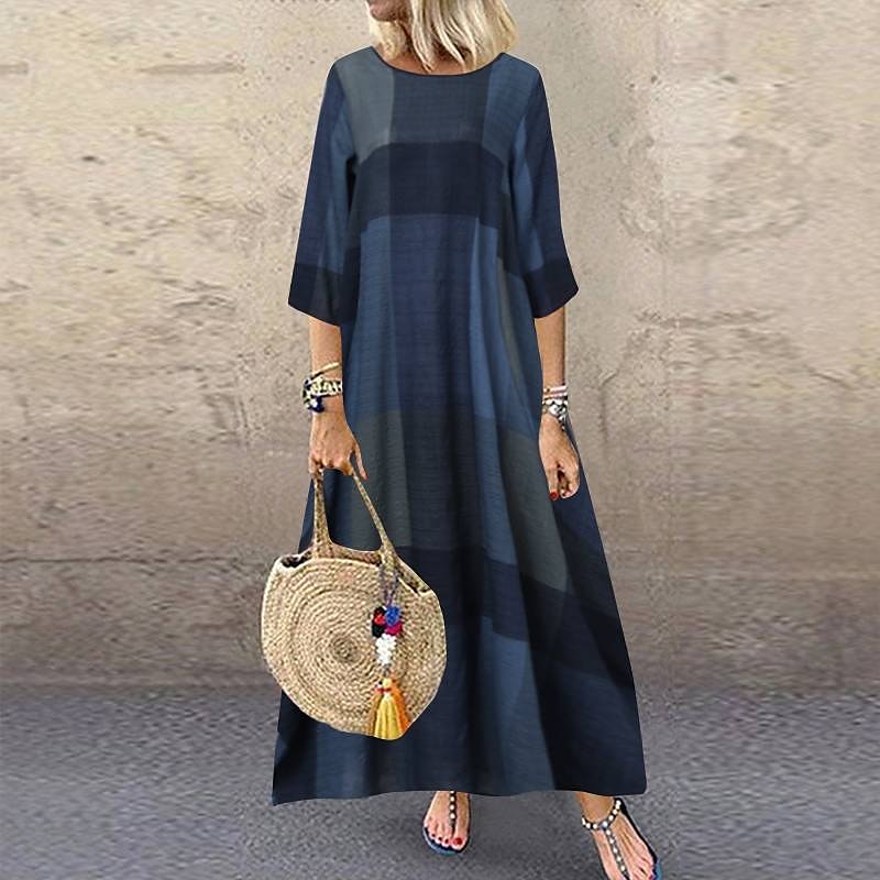 Femmes Rouge Kaki Bleu de minuit Été Printemps Robe maxi Robes inspirées du lin Robe Décontractée Mode Occasionnel Extérieur Quotidien Sortir Coupe Ample Plaid Col ras du cou Col Bateau de 2025 ? $32.99 –P3