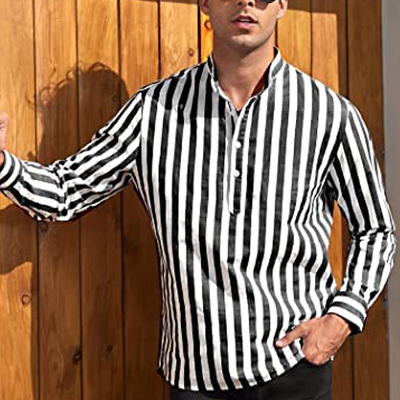 Herren Hemd Hemd mit chinesischem Kragen Hemd mit Stehkragen Popover-Hemd Sommerhemd Freizeithemd Schwarzgrau Blau Staubiges Blau Grün Langarm Gestreift Schwarz & Weiß Kragen Lässig Täglich 2025 - $21.99 –P16