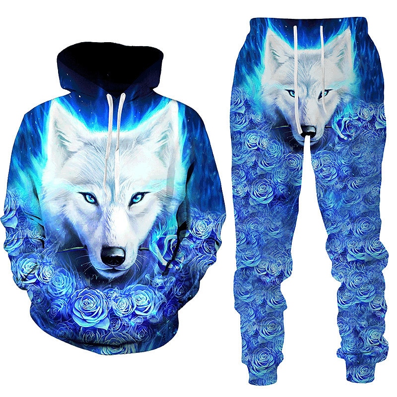 Men's Graphic Animal Wolf 2pcs 3D Sweatshirt Sets Tracksuit Hoodies Long Sleeve Long pants Hooded Streetwear Designer Basic Sports & Outdoor Casual Sports Print Spring Fall Black White Blue 2025 - $38.99 –P1
