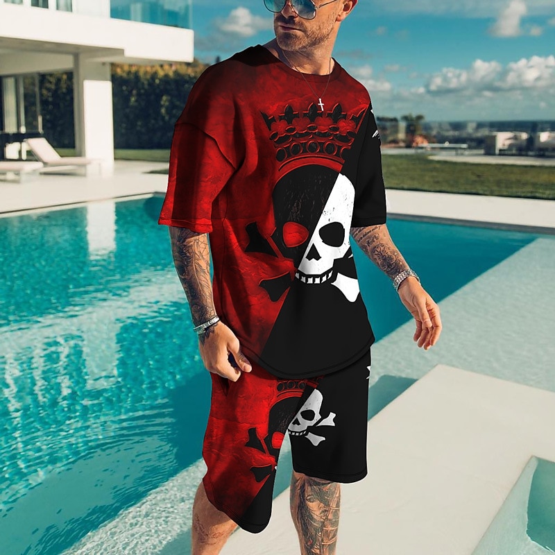 Herr Grafisk Grimas 2st T-shirts uppsättningar Matchande set Kortärmad Korta byxor Rund hals Designer Ledigt Bekväm Utomhus Semester Dagligen 3D-utskrift Vår & sommar Ljusgul Mörkgul Svart och Röd 2025 - $30.99 –P3
