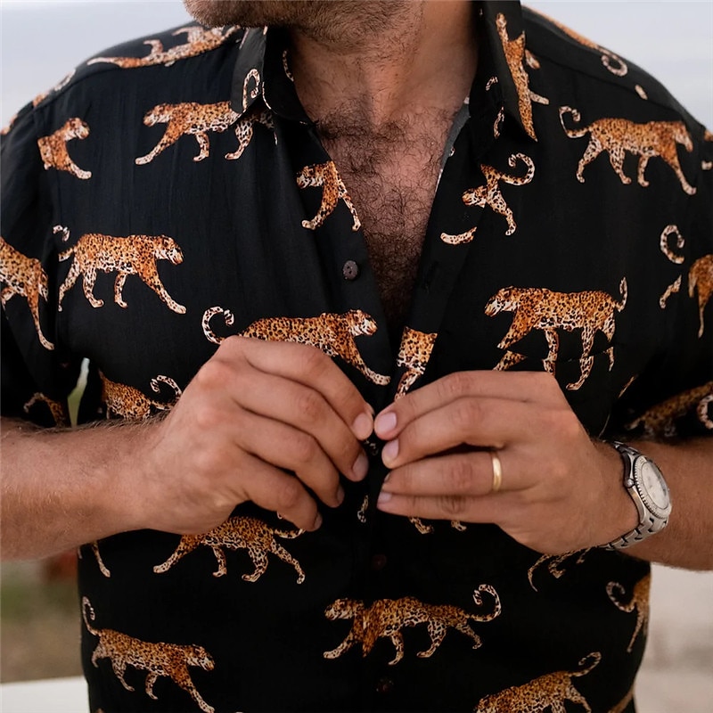 Herren Tier Leopard Hemd Hawaiihemd Sommerhemd Aloha-Shirt Kurze Ärmel Hemd Umlegekragen Tropisch Modisch Hawaiianisch Outdoor Strasse Hawaiianisch Schwarz Braun Grün S M L 2025 - $24.99 –P1