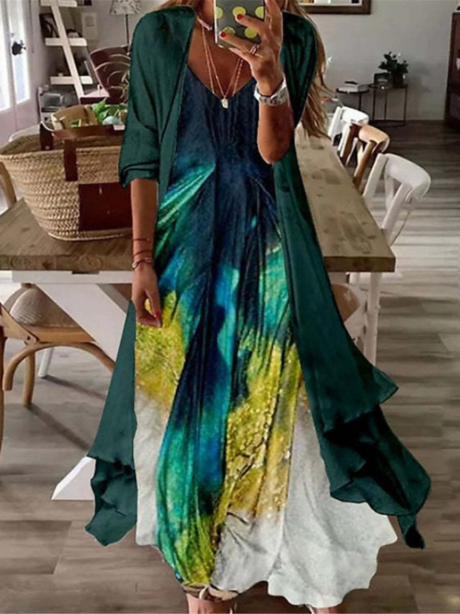 Damen kleid lang Casual kleid Kleid-Set Zweiteiliges Kleid Etuikleid Modisch Outdoor Täglich Ausgehen Lockere Passform Farbverlauf Stammes Blume Langarm V Ausschnitt Rosa Braun Grün Aprikose Sommer 2025 - $46.99 –P1