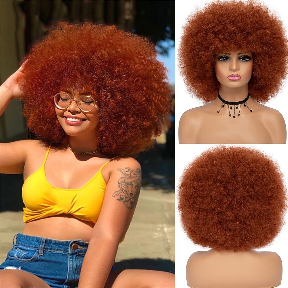 Parrucche afro anni '70 per donne nere - grande parrucca afro puff con frangia capelli sintetici ricci crespi corti per le donne del 2025 a $27.99 –P9