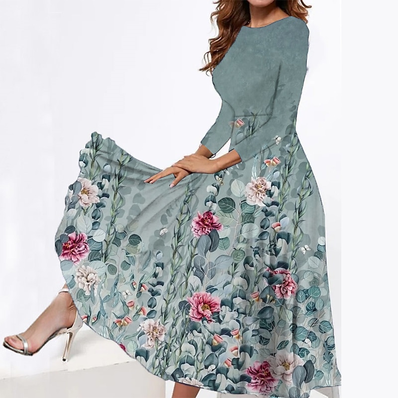Women's Midi Dress Tiered Dress Elegant Vintage Date Regular Fit Flower Long Sleeve Crew Neck Blue Green Grey Summer Spring Fall Autumn 2025 - $27.99 –P1